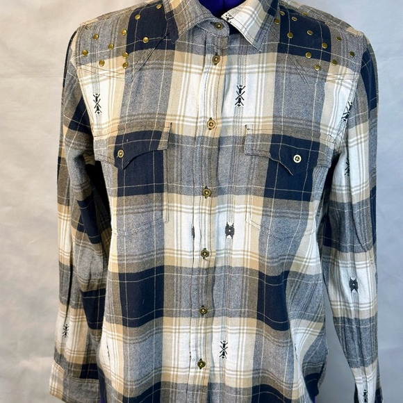 Lucky Brand Tops - Women’s Button-Down Navy and Cream Plaid Shirt with Stud Shoulders Accents